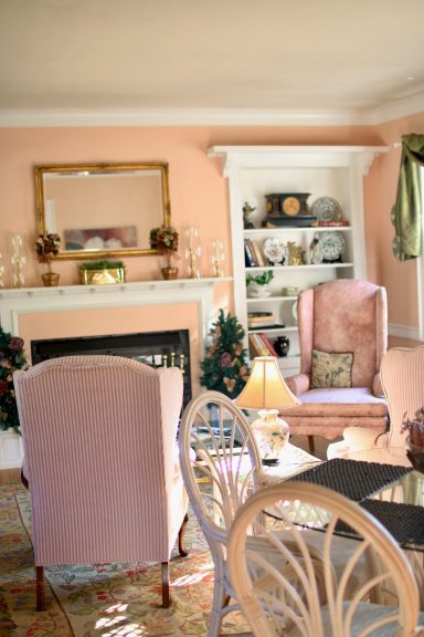 Cozy living room featuring pink walls, elegant armchairs, a fireplace, and shelves.